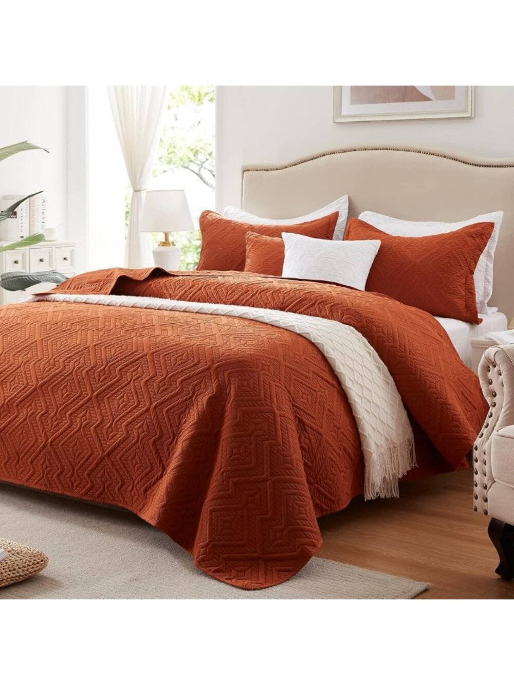 Lightweight Burnt Orange Quilt Set, 3-Piece Soft Microfiber Bedspread for All